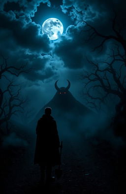 A surreal and haunting scene depicting a mysterious figure representing the devil, shrouded in shadows, with glowing red eyes, standing on a moonlit road