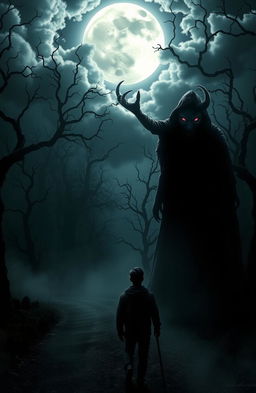 A surreal and haunting scene depicting a mysterious figure representing the devil, shrouded in shadows, with glowing red eyes, standing on a moonlit road