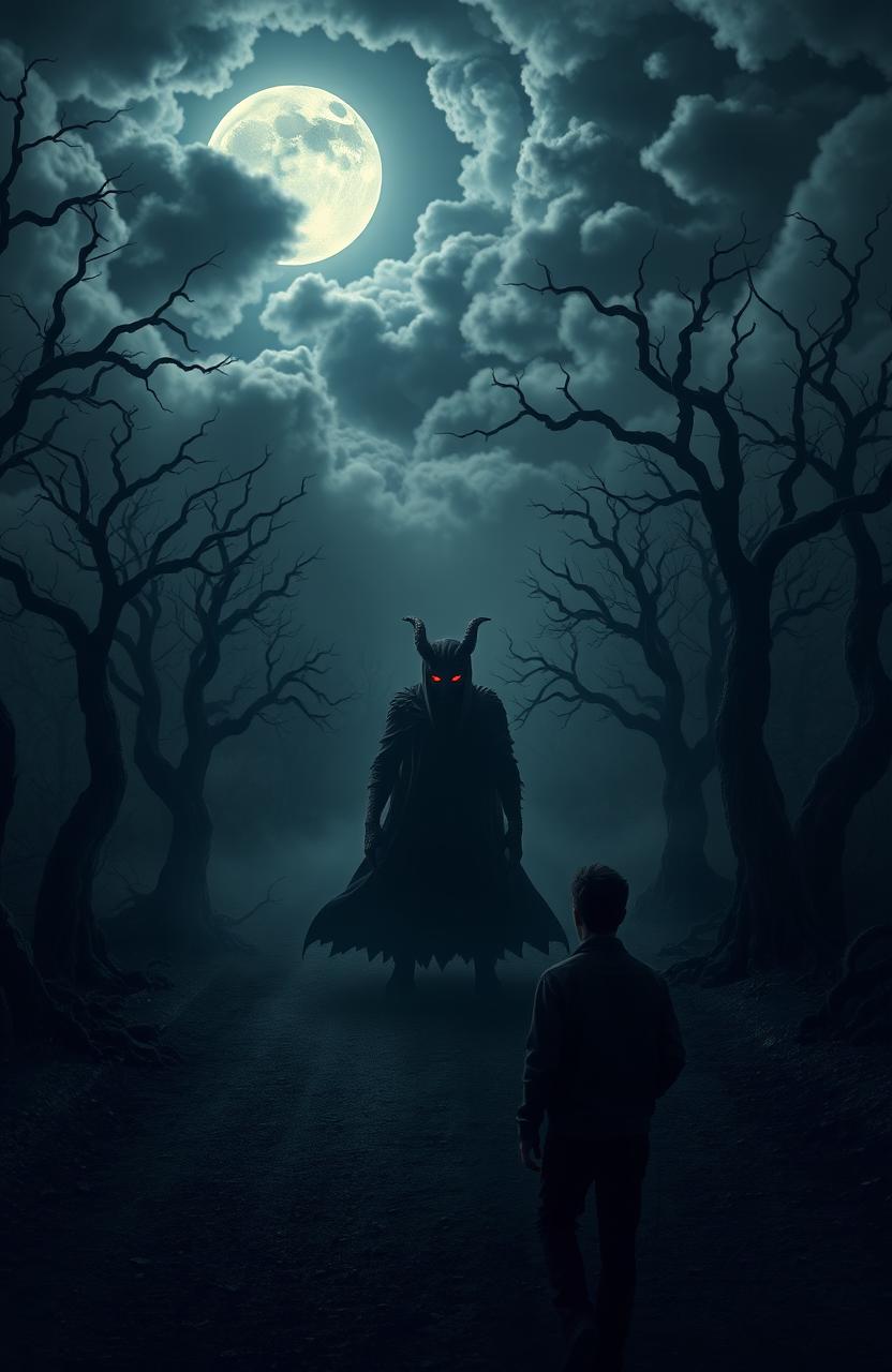 A surreal and haunting scene depicting a mysterious figure representing the devil, shrouded in shadows, with glowing red eyes, standing on a moonlit road