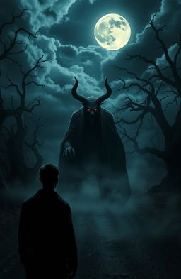 A surreal and haunting scene depicting a mysterious figure representing the devil, shrouded in shadows, with glowing red eyes, standing on a moonlit road
