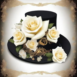 A high-quality digital art image featuring an elegant black hat adorned with intricate golden ornaments, surrounded by a beautiful arrangement of realistic white roses