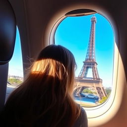 A girl sitting in a flight at the window seat, her hair viewed from the back as she gazes at the full Eiffel Tower visible outside her window