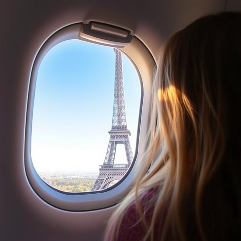 A girl sitting in a flight at the window seat, her hair viewed from the back as she gazes at the full Eiffel Tower visible outside her window