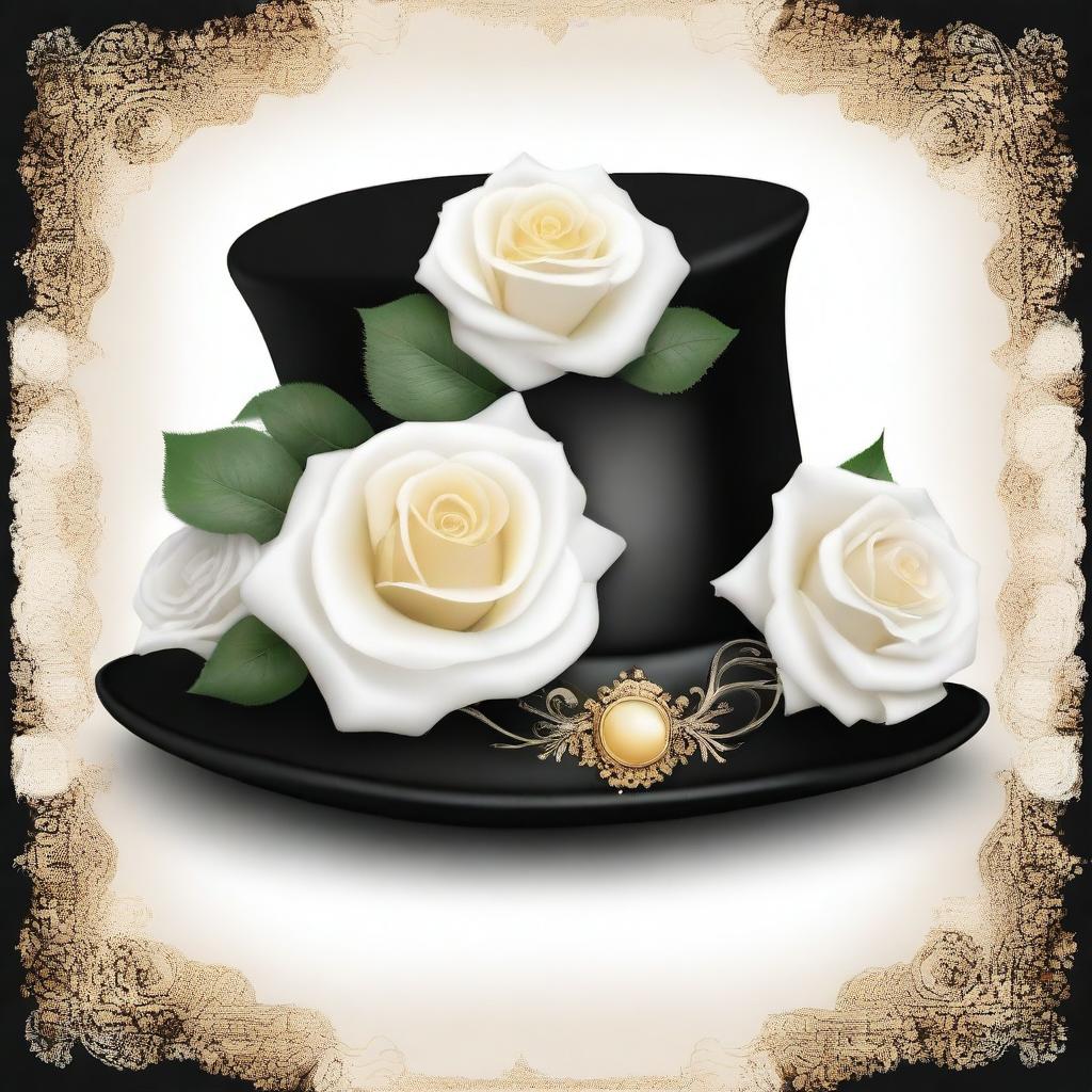 A high-quality digital art image featuring an elegant black hat adorned with intricate golden ornaments, surrounded by a beautiful arrangement of realistic white roses