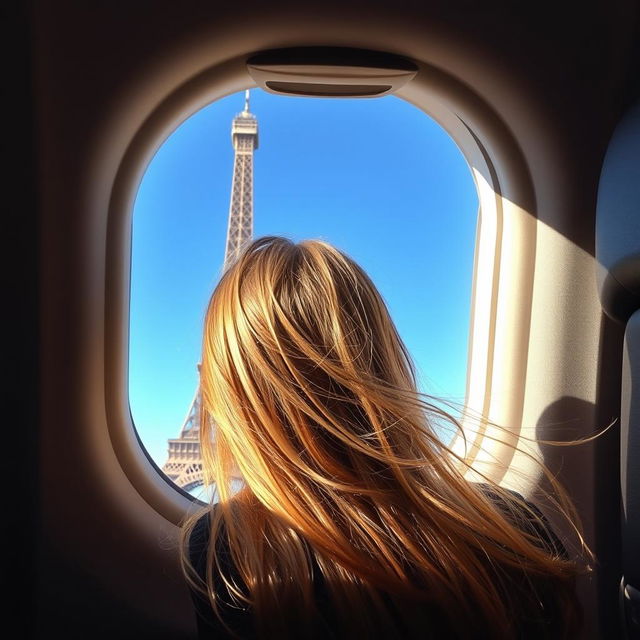 A girl sitting in a flight at the window seat, her hair viewed from the back as she gazes at the full Eiffel Tower visible outside her window