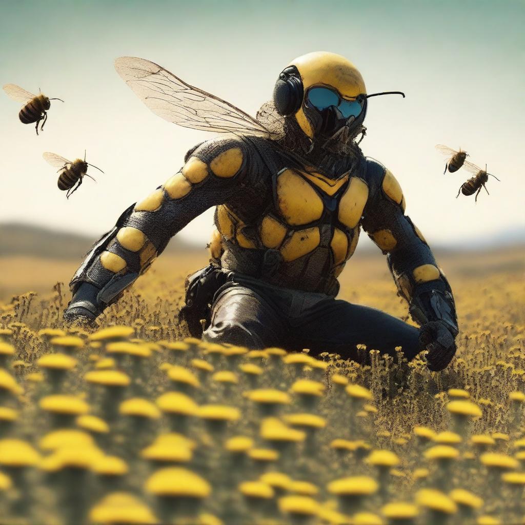 A cinematic, high-resolution action shot of a cowboy Bee Leader riding a majestic, battle-ready bumblebee into a battlefield