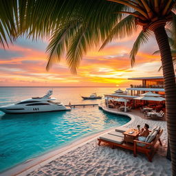 A luxurious travel scene featuring a beautiful tropical destination with crystal-clear turquoise waters, pristine sandy beaches adorned with plush lounge chairs and elegant umbrellas