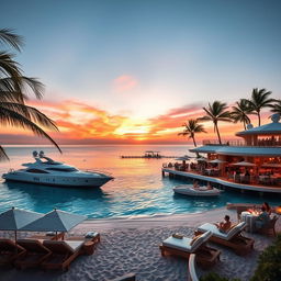 A luxurious travel scene featuring a beautiful tropical destination with crystal-clear turquoise waters, pristine sandy beaches adorned with plush lounge chairs and elegant umbrellas