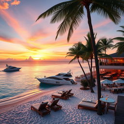 A luxurious travel scene featuring a beautiful tropical destination with crystal-clear turquoise waters, pristine sandy beaches adorned with plush lounge chairs and elegant umbrellas