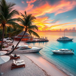 A luxurious travel scene featuring a beautiful tropical destination with crystal-clear turquoise waters, pristine sandy beaches adorned with plush lounge chairs and elegant umbrellas