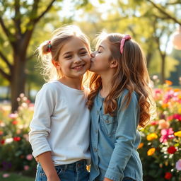 A realistic scene depicting two tween girls sharing a sweet and innocent kiss