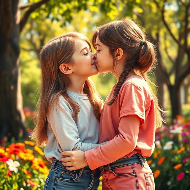 A realistic scene depicting two tween girls sharing a sweet and innocent kiss