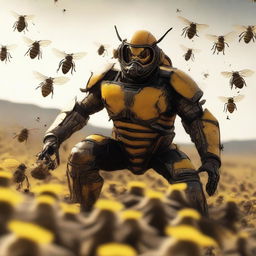 A cinematic, high-resolution action shot of a cowboy Bee Leader riding a majestic, battle-ready bumblebee into a battlefield