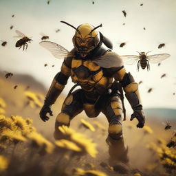 A cinematic, high-resolution action shot of a cowboy Bee Leader riding a majestic, battle-ready bumblebee into a battlefield