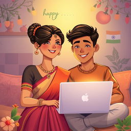 A heartwarming illustration of a South Indian girl and a North Indian boy who have developed a love for each other online