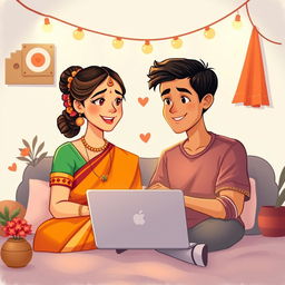 A heartwarming illustration of a South Indian girl and a North Indian boy who have developed a love for each other online