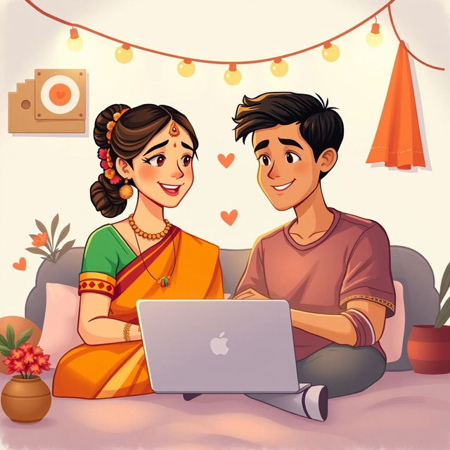 A heartwarming illustration of a South Indian girl and a North Indian boy who have developed a love for each other online