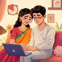 A heartwarming illustration of a South Indian girl and a North Indian boy who have developed a love for each other online