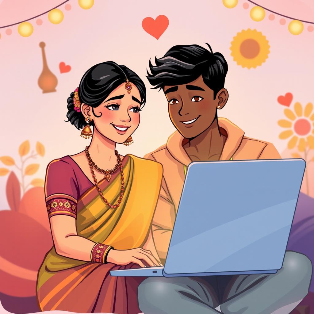 A heartwarming illustration of a South Indian girl and a North Indian boy who have developed a love for each other online