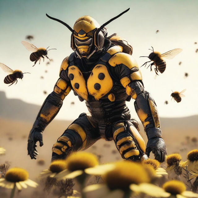 A cinematic, high-resolution action shot of a cowboy Bee Leader riding a majestic, battle-ready bumblebee into a battlefield