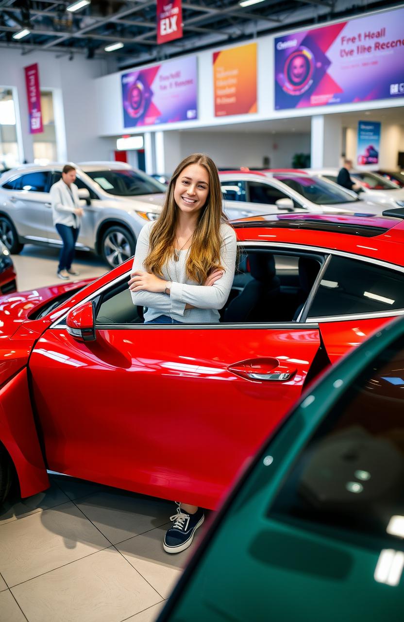 A vibrant scene of a 20-year-old woman standing proudly by a sleek, modern car in a dealership