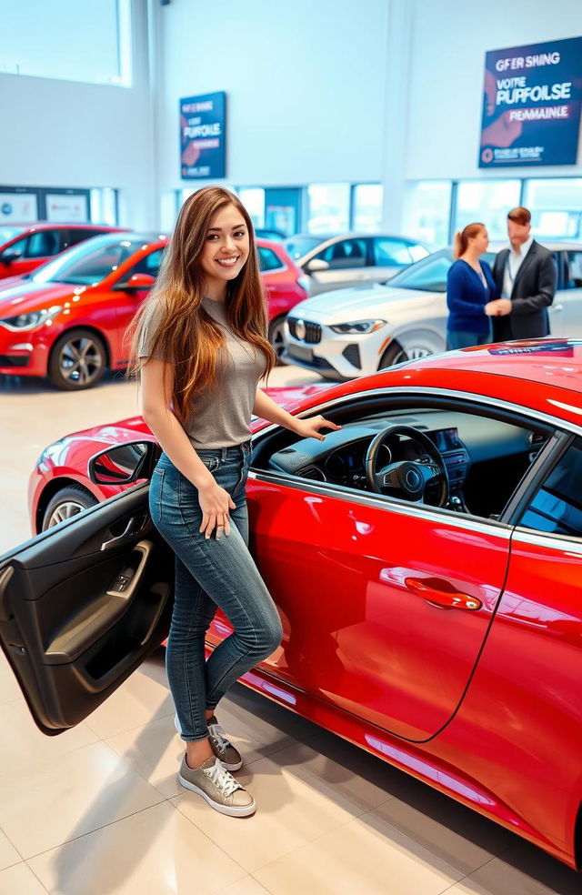 A vibrant scene of a 20-year-old woman standing proudly by a sleek, modern car in a dealership