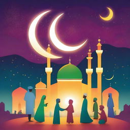 A vibrant digital art representation of Ramadan with a mosque illuminated under the crescent moon