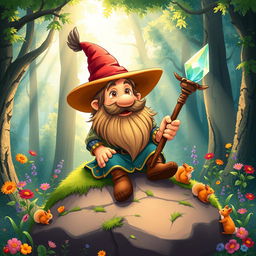 A whimsical, imaginative illustration of a cartoonish dwarf with a long, bushy beard and a jolly expression