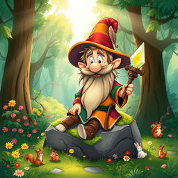 A whimsical, imaginative illustration of a cartoonish dwarf with a long, bushy beard and a jolly expression