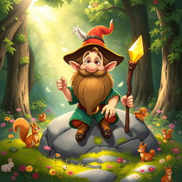 A whimsical, imaginative illustration of a cartoonish dwarf with a long, bushy beard and a jolly expression