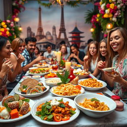 A vibrant culinary travel scene featuring an array of colorful, appetizing dishes from various cultures