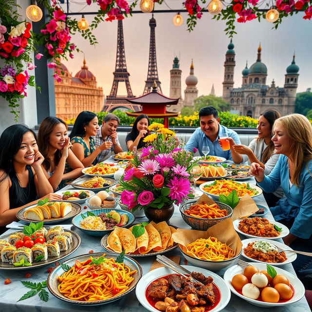 A vibrant culinary travel scene featuring an array of colorful, appetizing dishes from various cultures