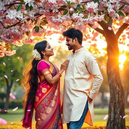 A romantic scene depicting a Tamil girl and a North Indian boy sharing a loving moment in a picturesque setting