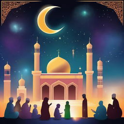 A vibrant digital art representation of Ramadan with a mosque illuminated under the crescent moon