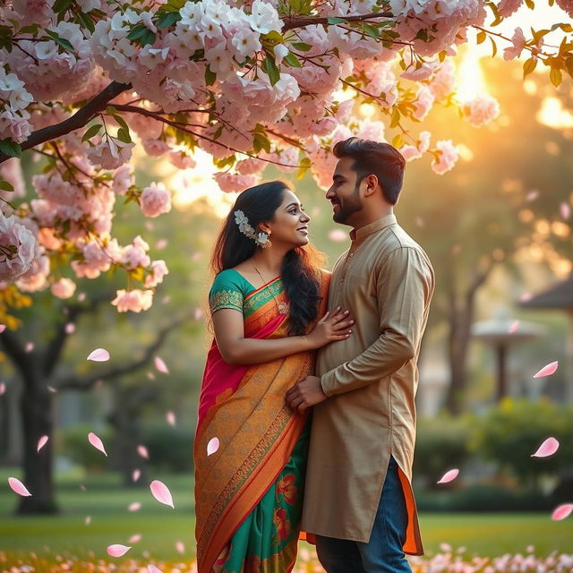 A romantic scene depicting a Tamil girl and a North Indian boy sharing a loving moment in a picturesque setting