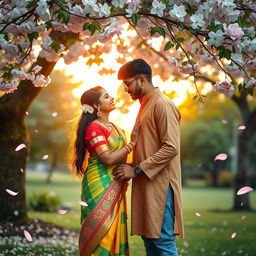 A romantic scene depicting a Tamil girl and a North Indian boy sharing a loving moment in a picturesque setting