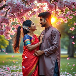 A romantic scene depicting a Tamil girl and a North Indian boy sharing a loving moment in a picturesque setting