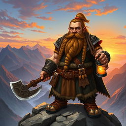 A detailed fantasy illustration of a rugged dwarf with a thick, braided beard, wearing a battle-worn armor and a sturdy leather belt
