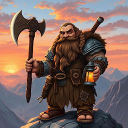 A detailed fantasy illustration of a rugged dwarf with a thick, braided beard, wearing a battle-worn armor and a sturdy leather belt