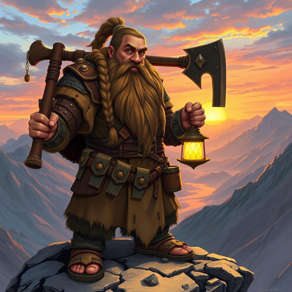 A detailed fantasy illustration of a rugged dwarf with a thick, braided beard, wearing a battle-worn armor and a sturdy leather belt