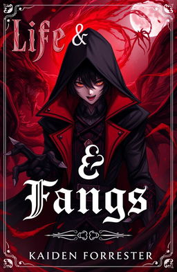 An intense anime-style cover for 'Life & Fangs' by Kaiden Forrester, featuring a dramatic scene with a mysterious character shrouded in dark red and black tones