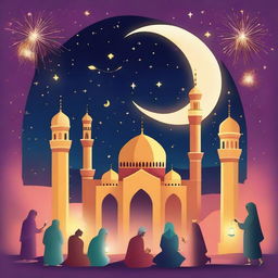 A vibrant digital art representation of Ramadan with a mosque illuminated under the crescent moon