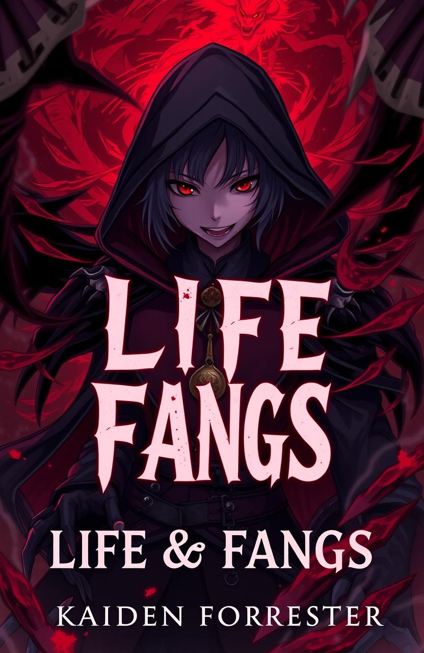 An intense anime-style cover for 'Life & Fangs' by Kaiden Forrester, featuring a dramatic scene with a mysterious character shrouded in dark red and black tones