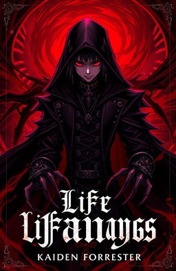An intense anime-style cover for 'Life & Fangs' by Kaiden Forrester, featuring a dramatic scene with a mysterious character shrouded in dark red and black tones