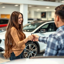 A vibrant scene in a car dealership where a 20-year-old woman is receiving keys to a stylish white car from the owner