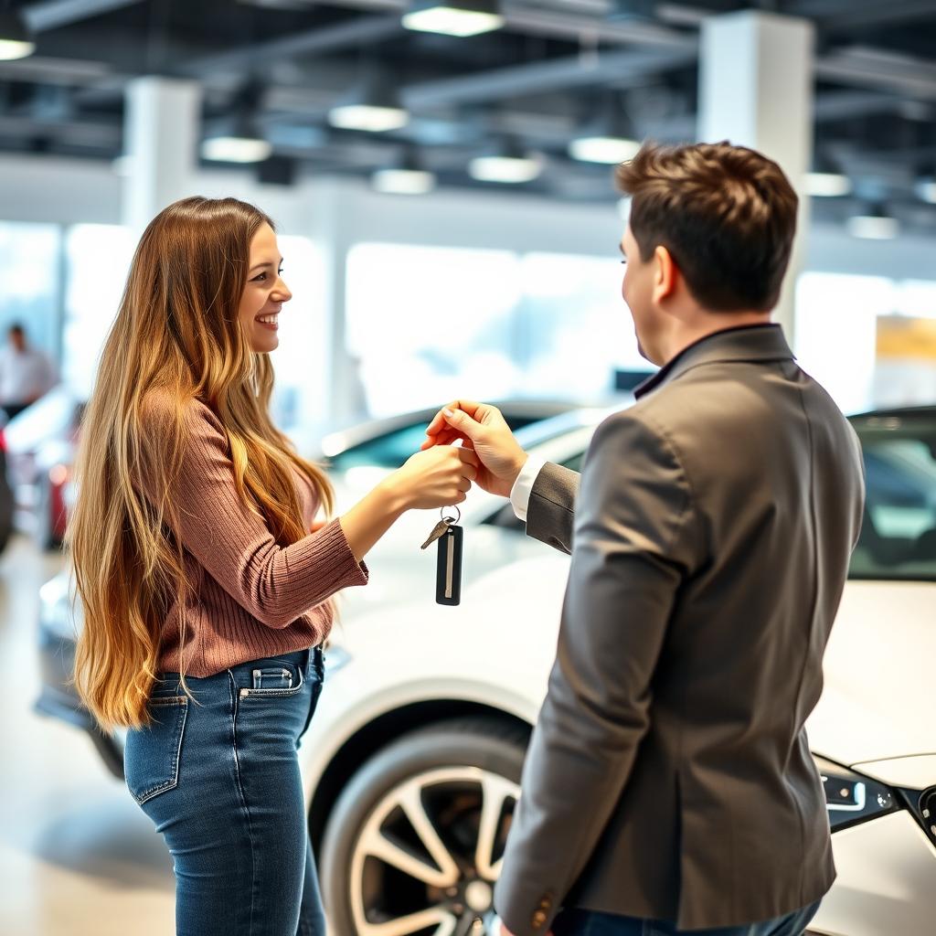 A vibrant scene in a car dealership where a 20-year-old woman is receiving keys to a stylish white car from the owner