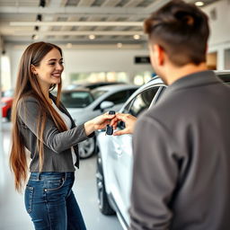 A vibrant scene in a car dealership where a 20-year-old woman is receiving keys to a stylish white car from the owner