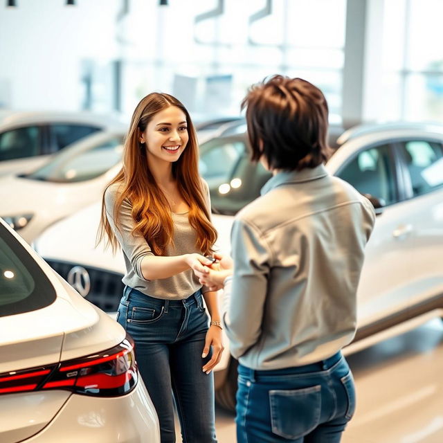 A vibrant scene in a car dealership where a 20-year-old woman is receiving keys to a stylish white car from the owner