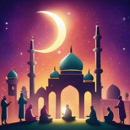 A vibrant digital art representation of Ramadan with a mosque illuminated under the crescent moon