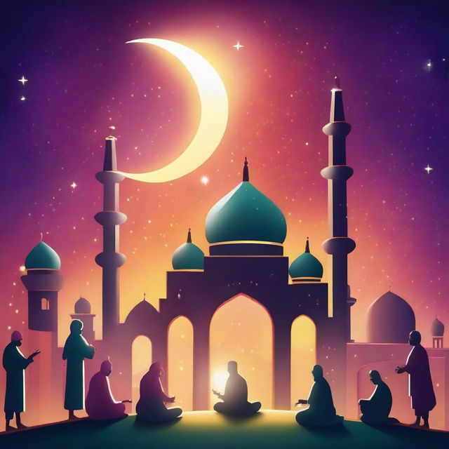 A vibrant digital art representation of Ramadan with a mosque illuminated under the crescent moon